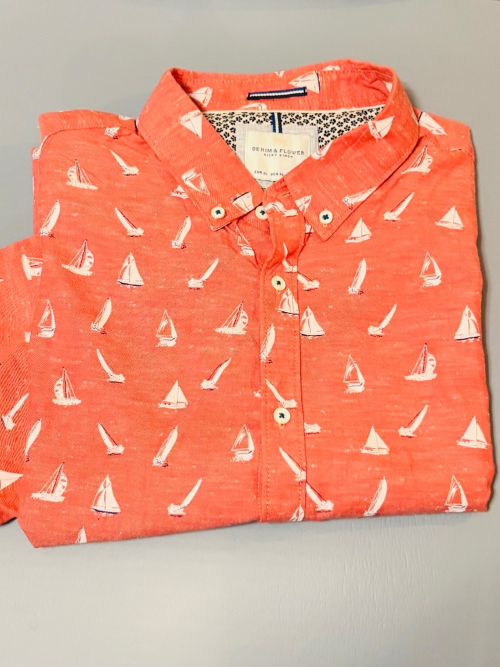 Denim & Flower Men’s Button Down Shirt Nautical Coral X-Large